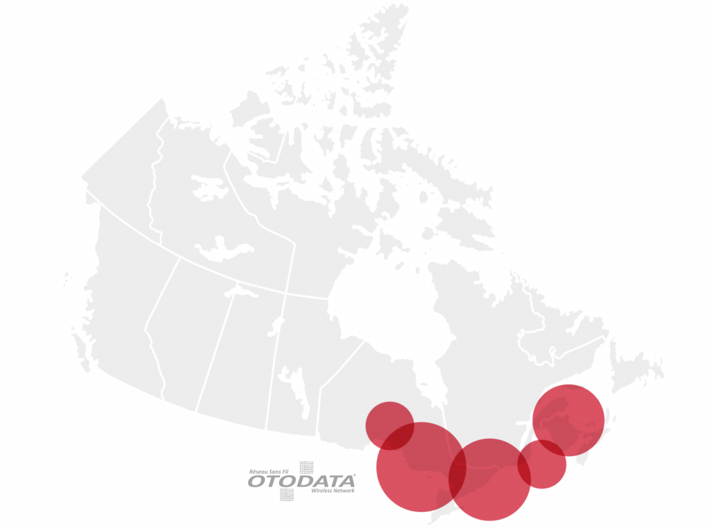 Couverture exclusive et spécifique du réseau sans fil Otodata Inc. au Québec et en Ontario (Canada)*
